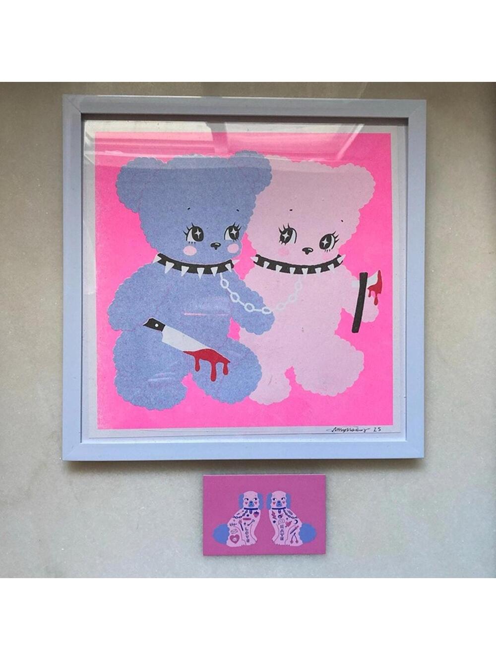 Signed Scary Bears Riso Risograph Amy Hastings 9x9" Framed Art Print